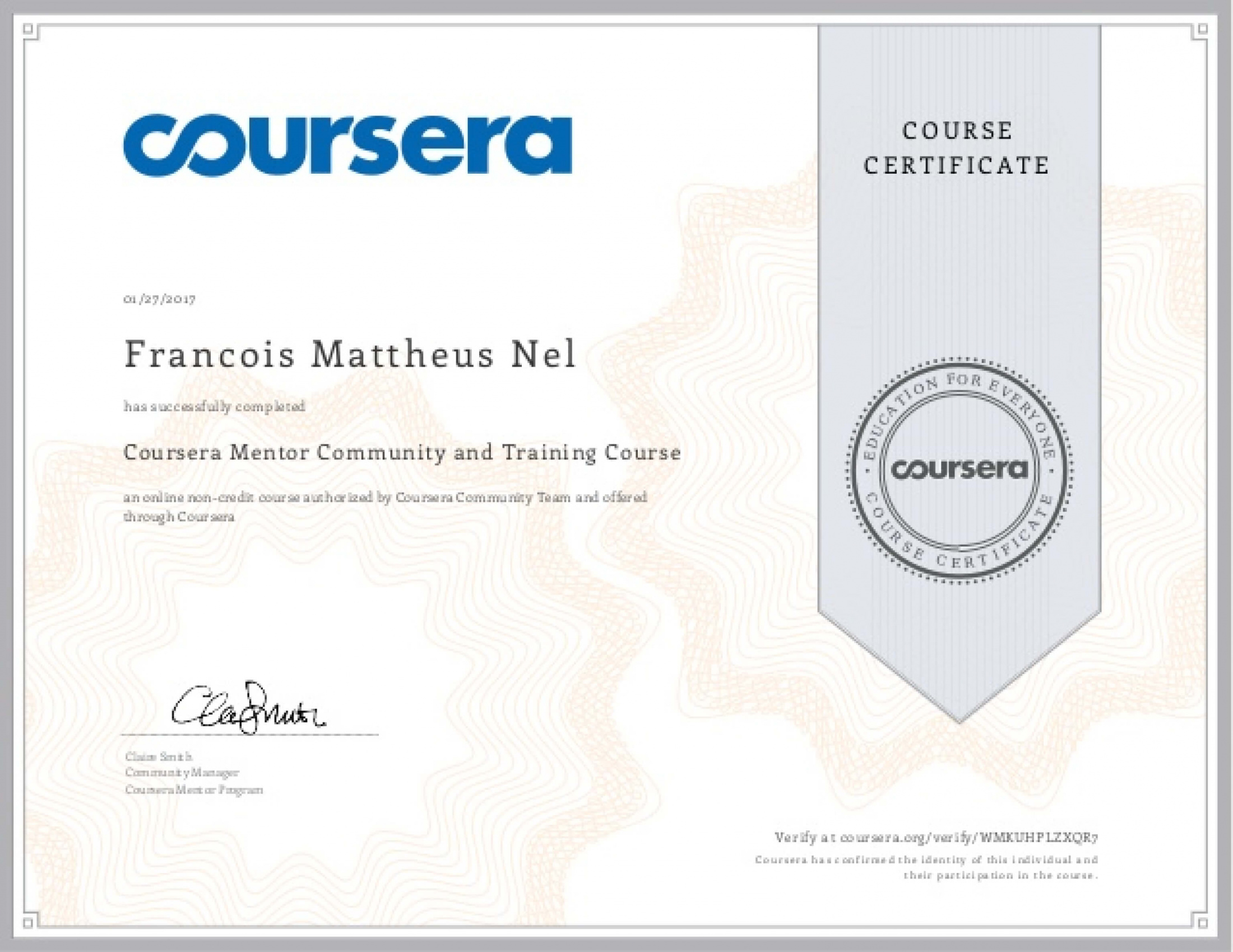 Course certificate awarded by Coursera.