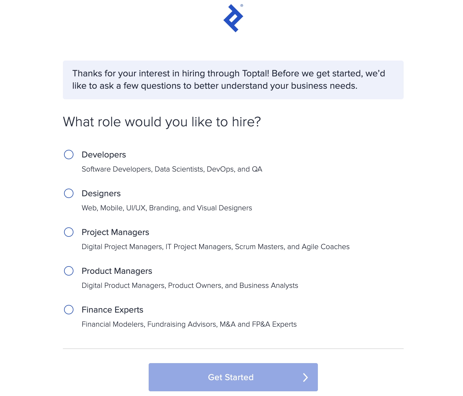 A brief questionnaire on Toptal used to customize SaaS customer onboarding.