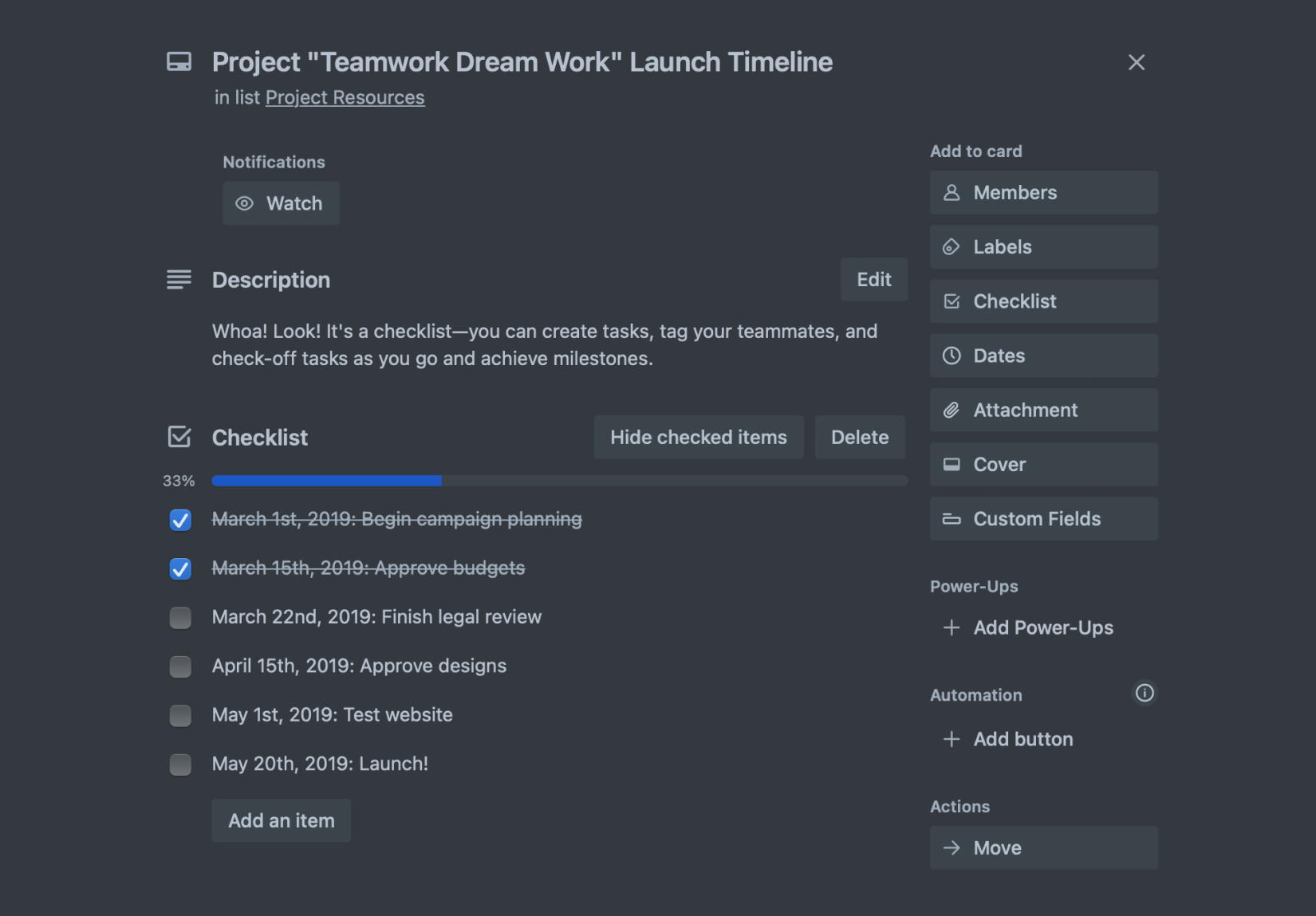 Example of a progress bar on Trello.