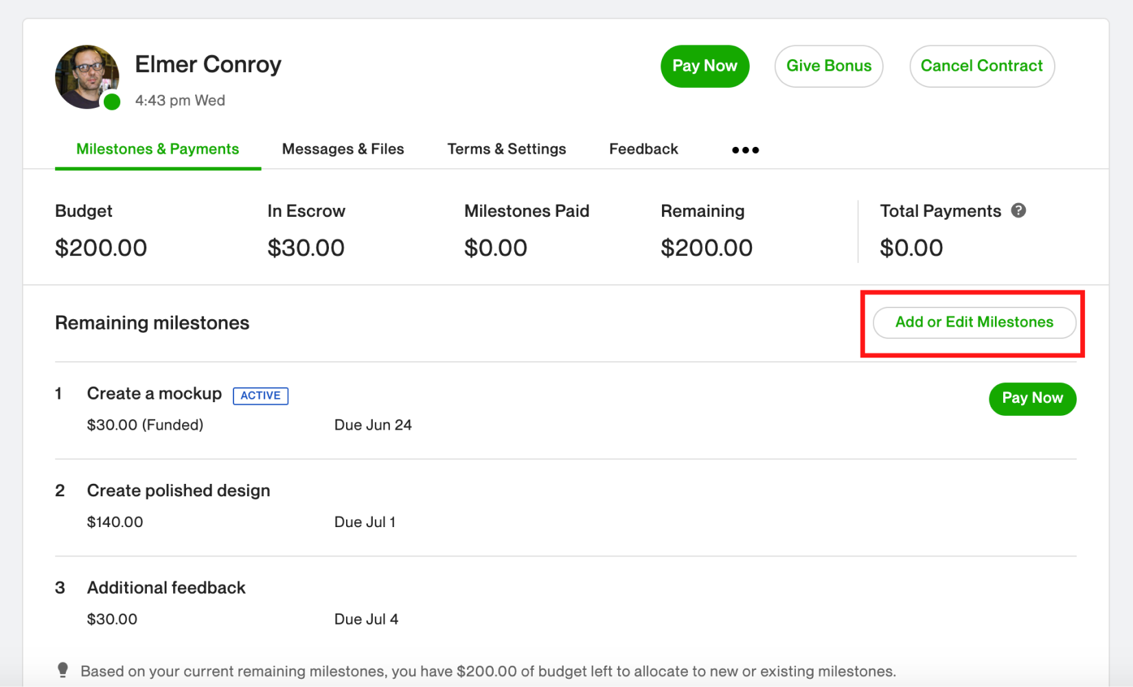 Upwork – Milestone unlock example.