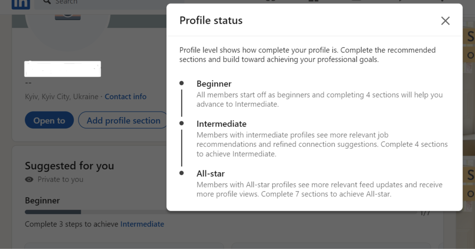 Profile Status levels in LinkedIn.
