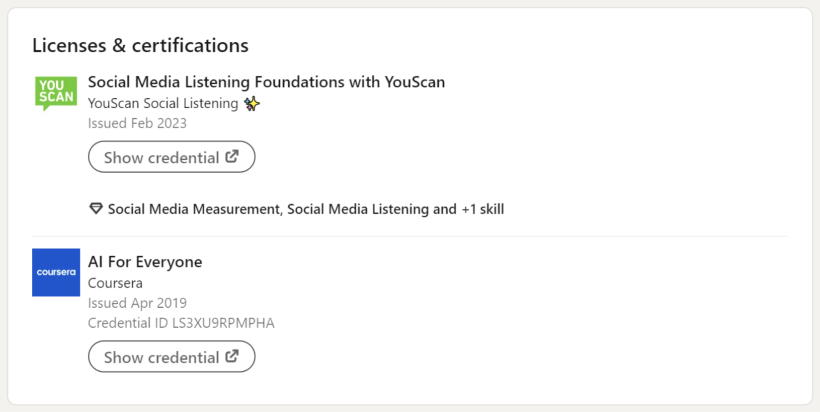 An example of Licenses and Certifications section on a LinkedIn profile.