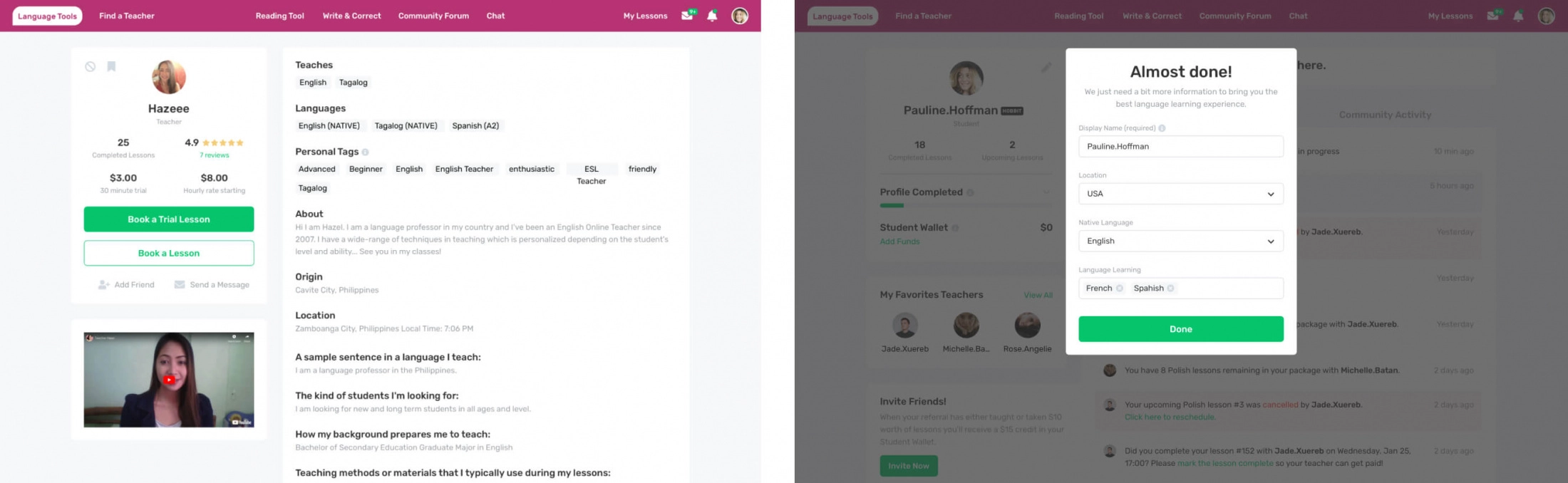 Authentication and user profile features from Language Tools.