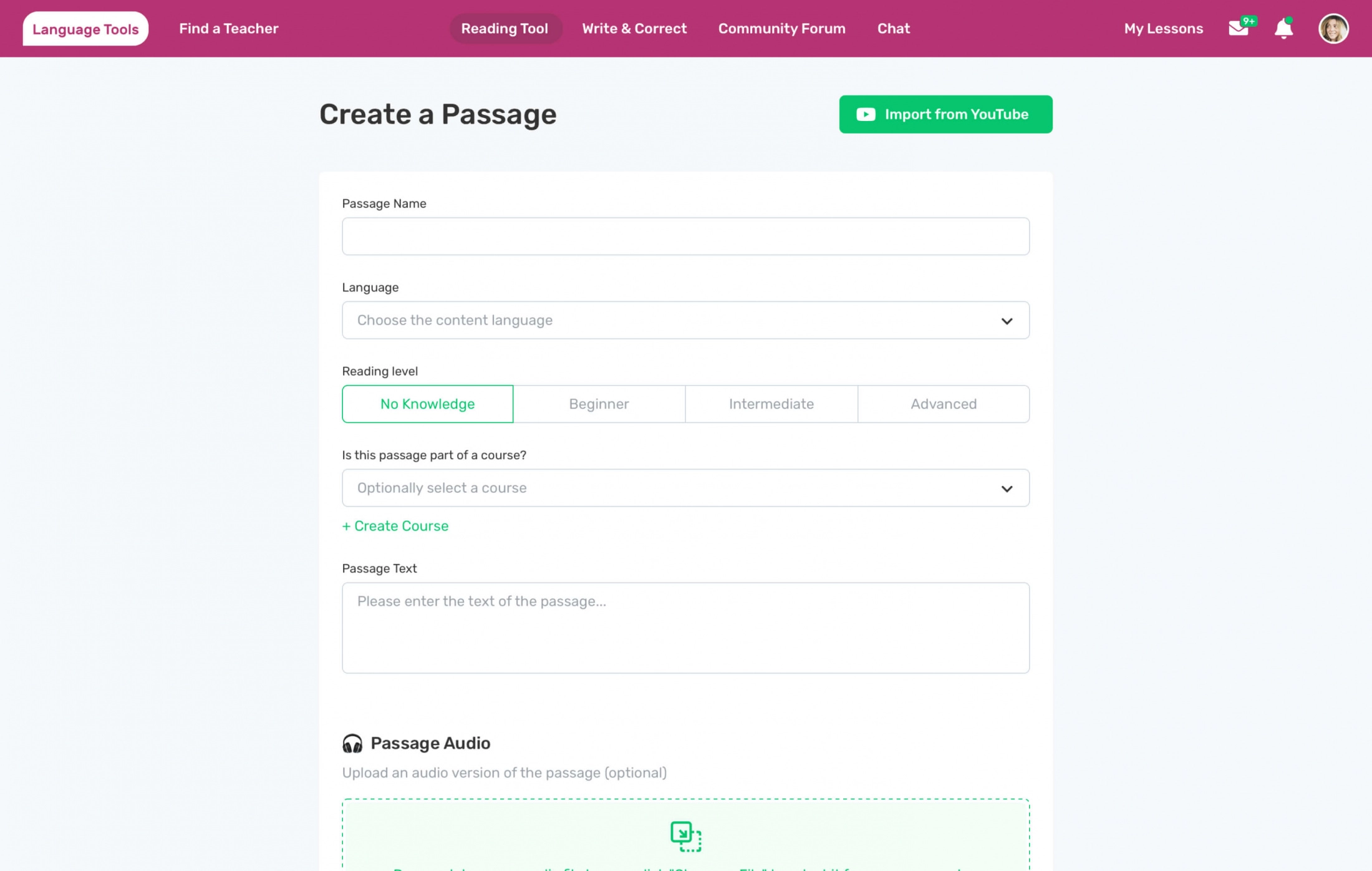 Example of course creation page (for teachers).