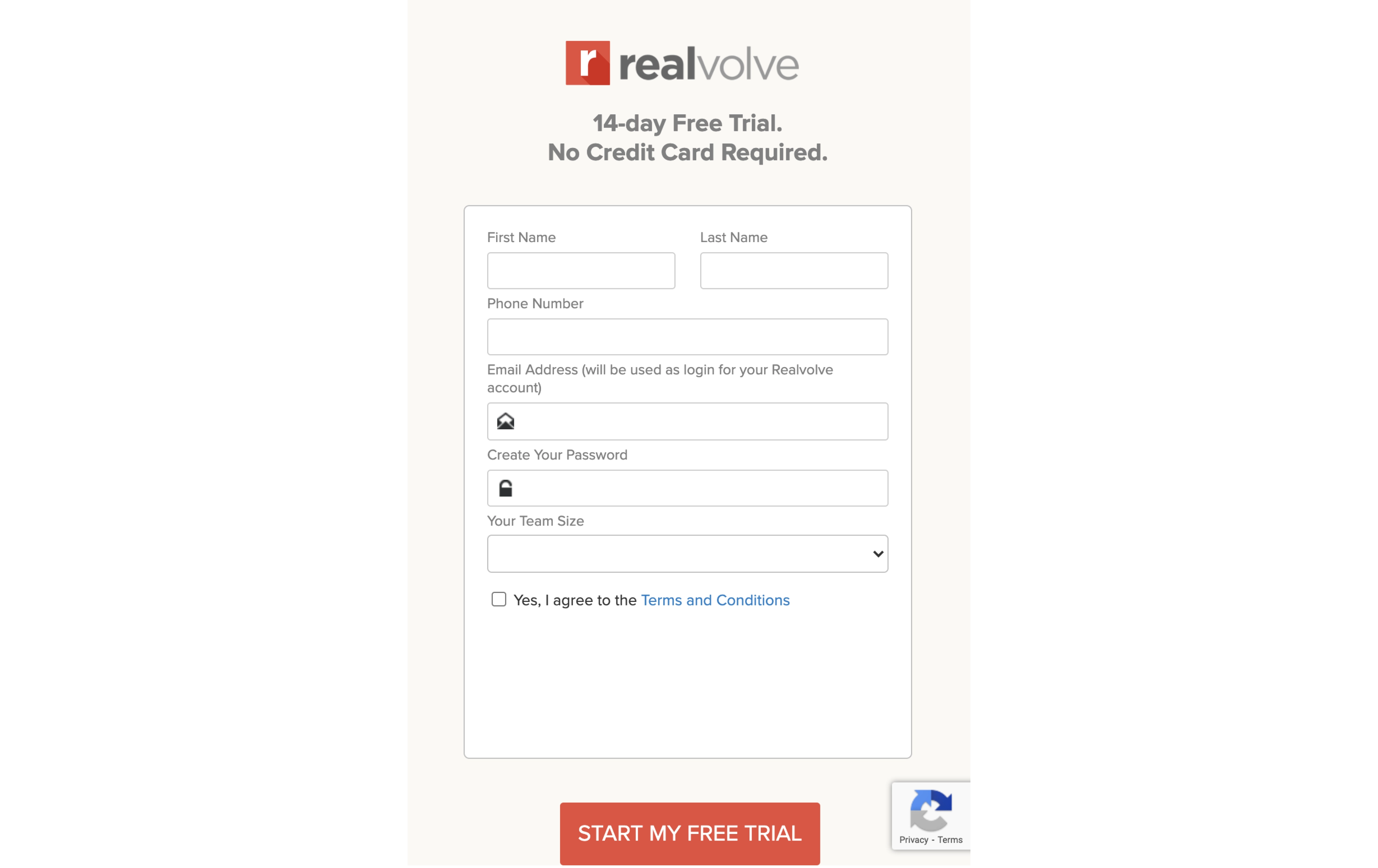 A sign-up form with minimum elements, including name, phone number, email, password, and team size by Realvolve.