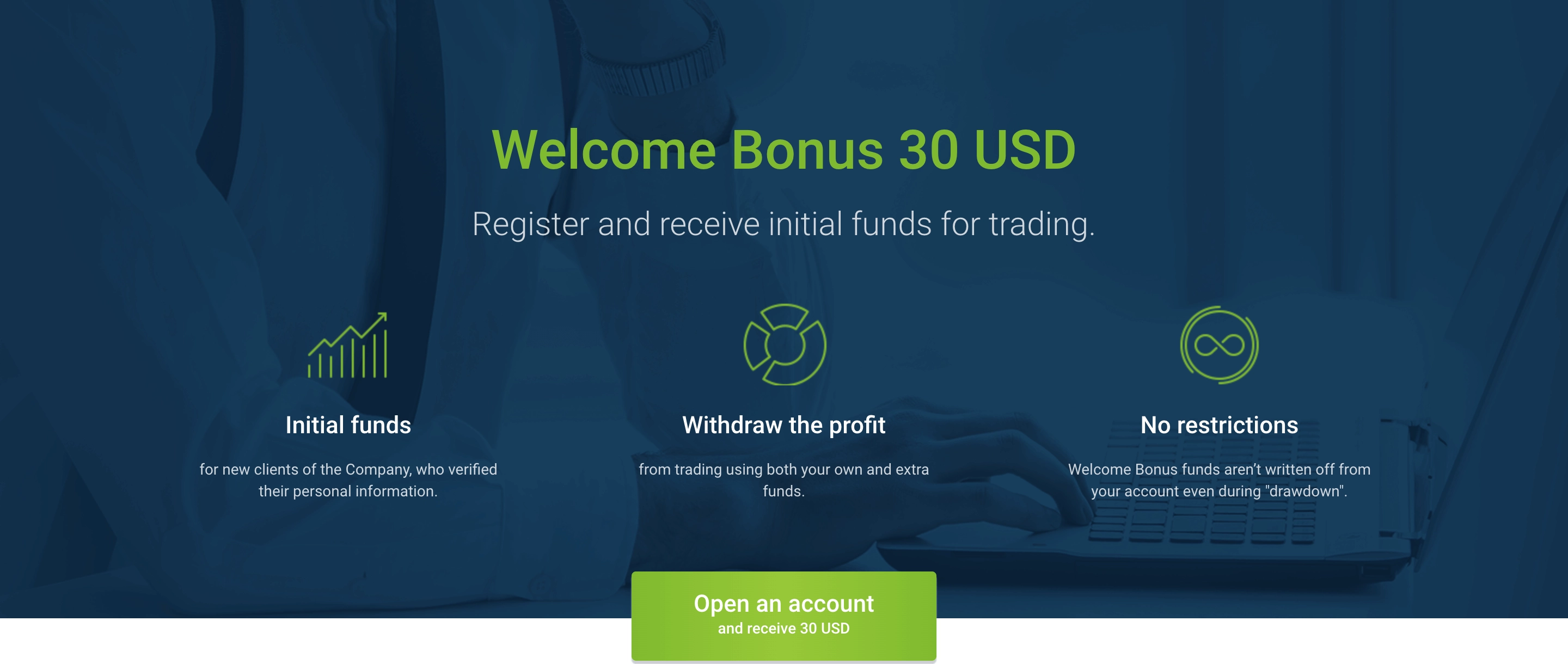 Roboforex welcomes a user with a 30 USD bonus during onboarding.