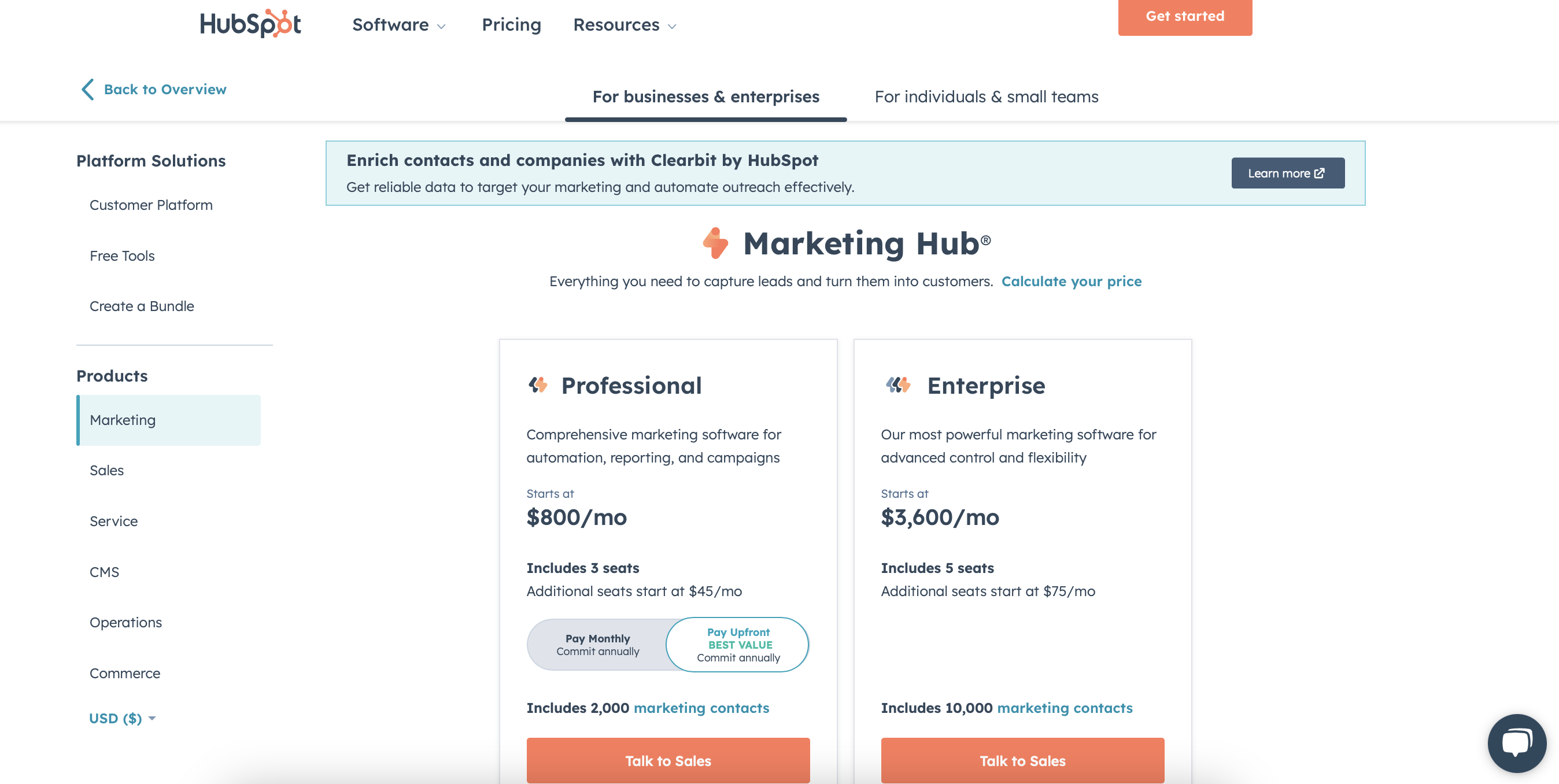The number of price offers/plans example by Hubspot