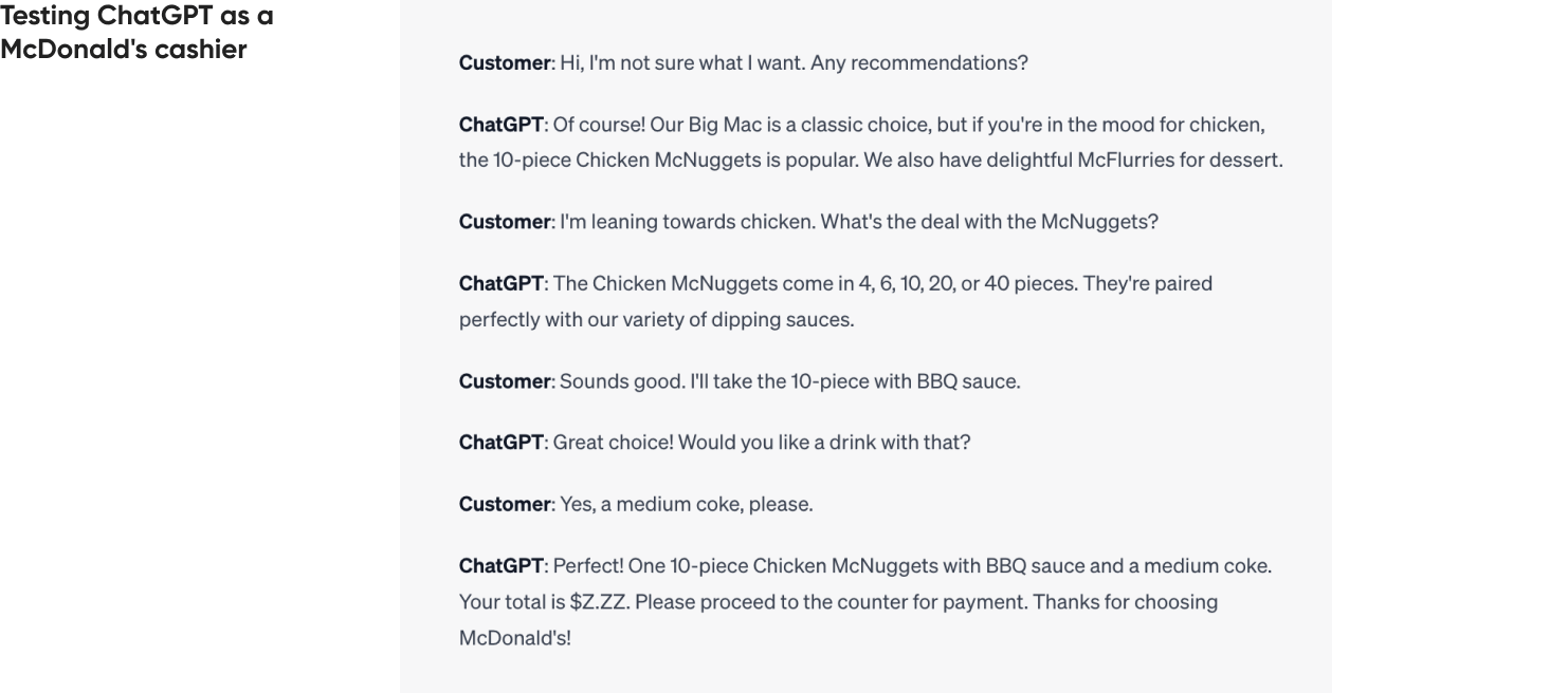 Testing ChatGPT as a MacDonald’s cashier mimicking human conversation.