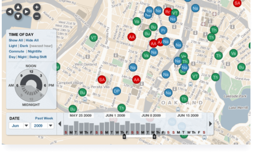 visual display of Oakland’s crime spots on a 2D map.
