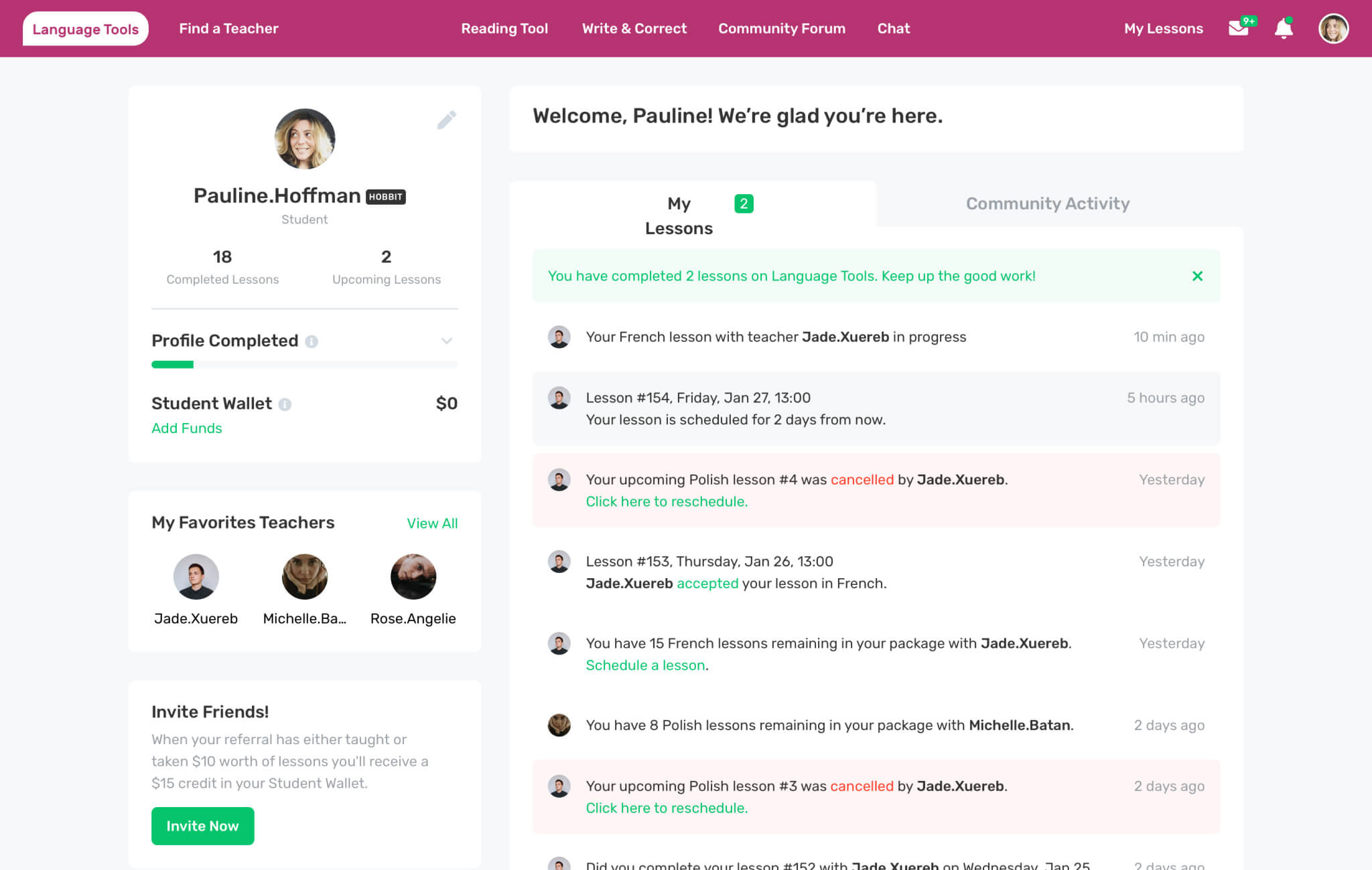 An example of interactive notifications from Language Tools.