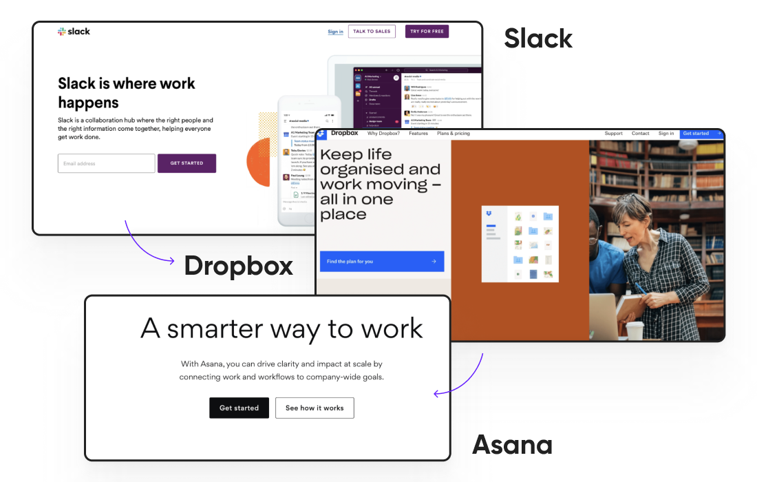 Examples of Unique Selling Proposition from Slack, Dropbox, and Asana.