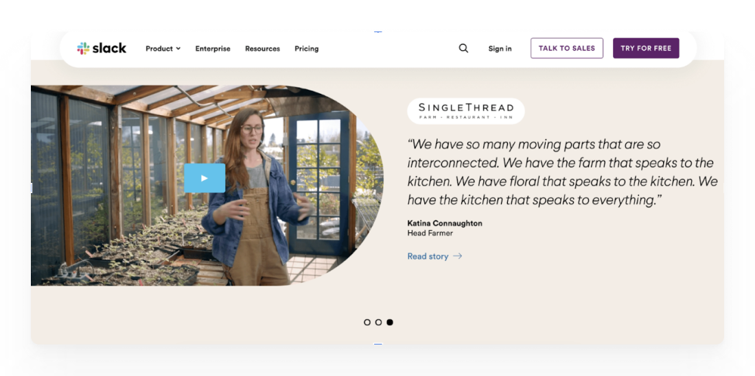 Slack Testimonials section featuring a video review.