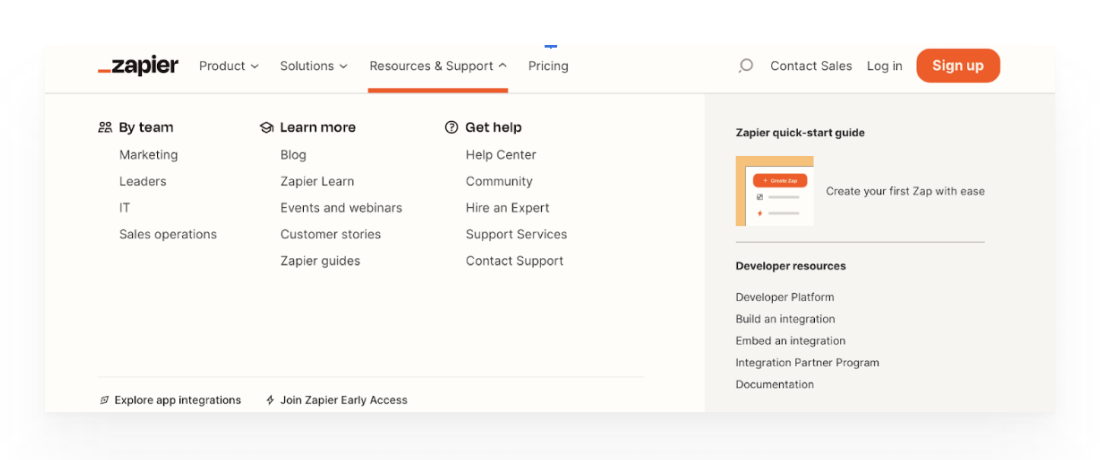 Screenshot of the Resources & Support menu from Zapier.
