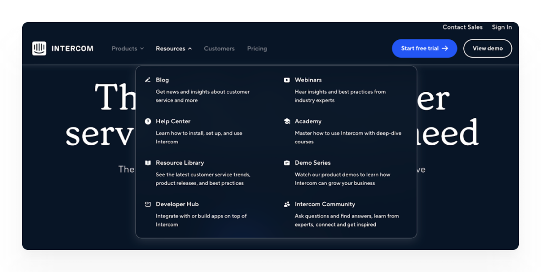 Screenshot of the Resources menu from Intercom.
