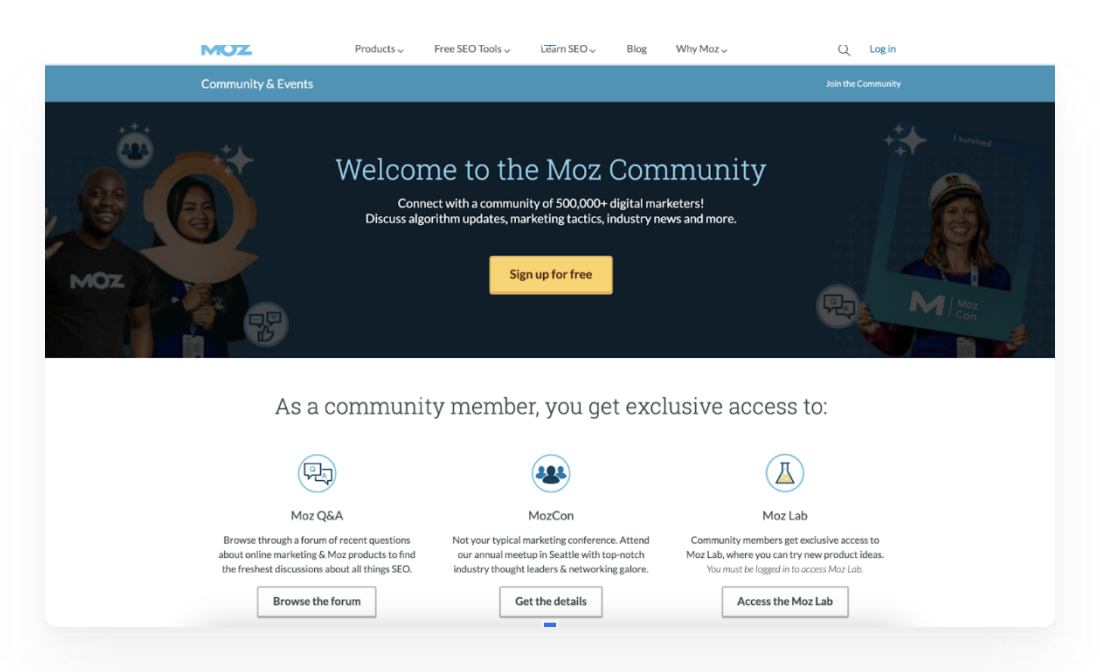 Screenshot of Moz’s homepage offering diverse community options.