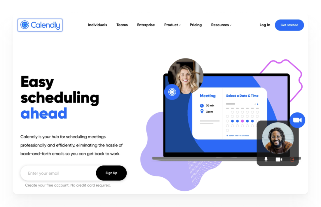 Screenshot of Calendly’s homepage with clean, and functional UX desin.