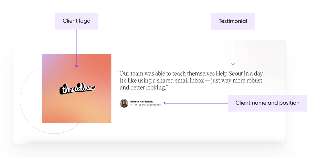 UI features of the testimonial section on a HelpScout website.