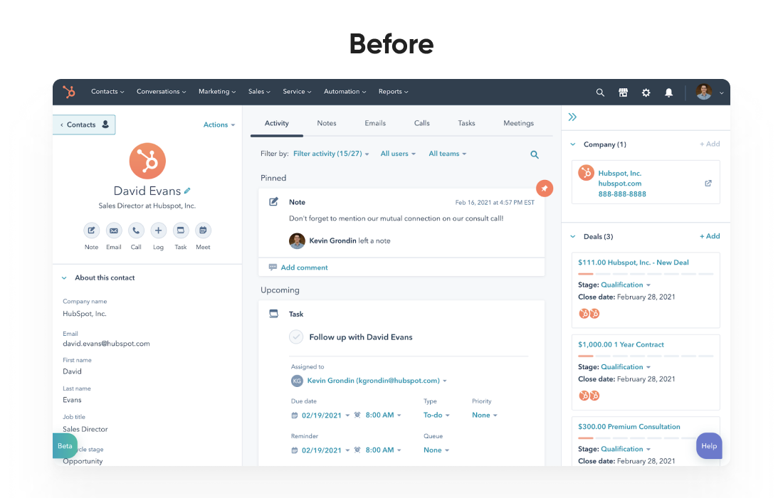 Screenshot of HubSpot UI before improvements.