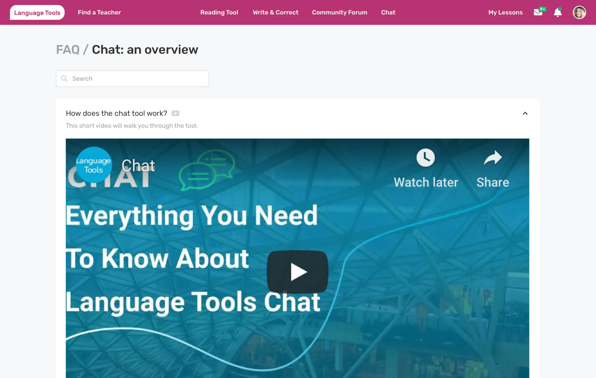 Screen of video player from Language Tools.