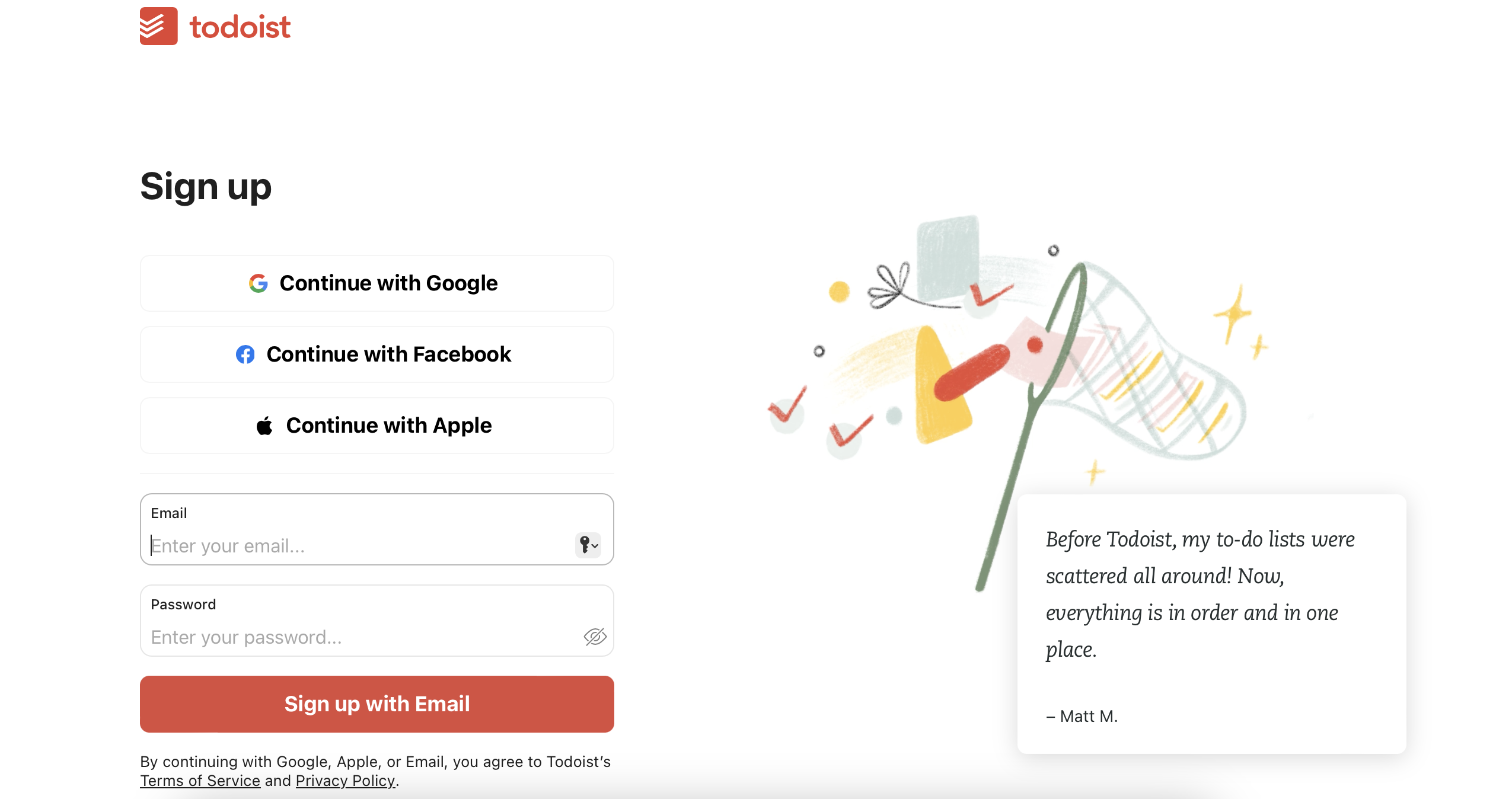 Engaging visuals as part of the sign-up procedure on Todoist.