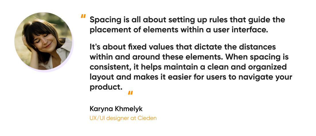 The quote of the article's author about the importance of spacing in UI design.