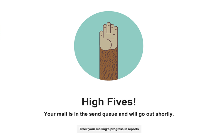 A screenshot of the MailChimp's "high five" animation when scheduling an email campaign.