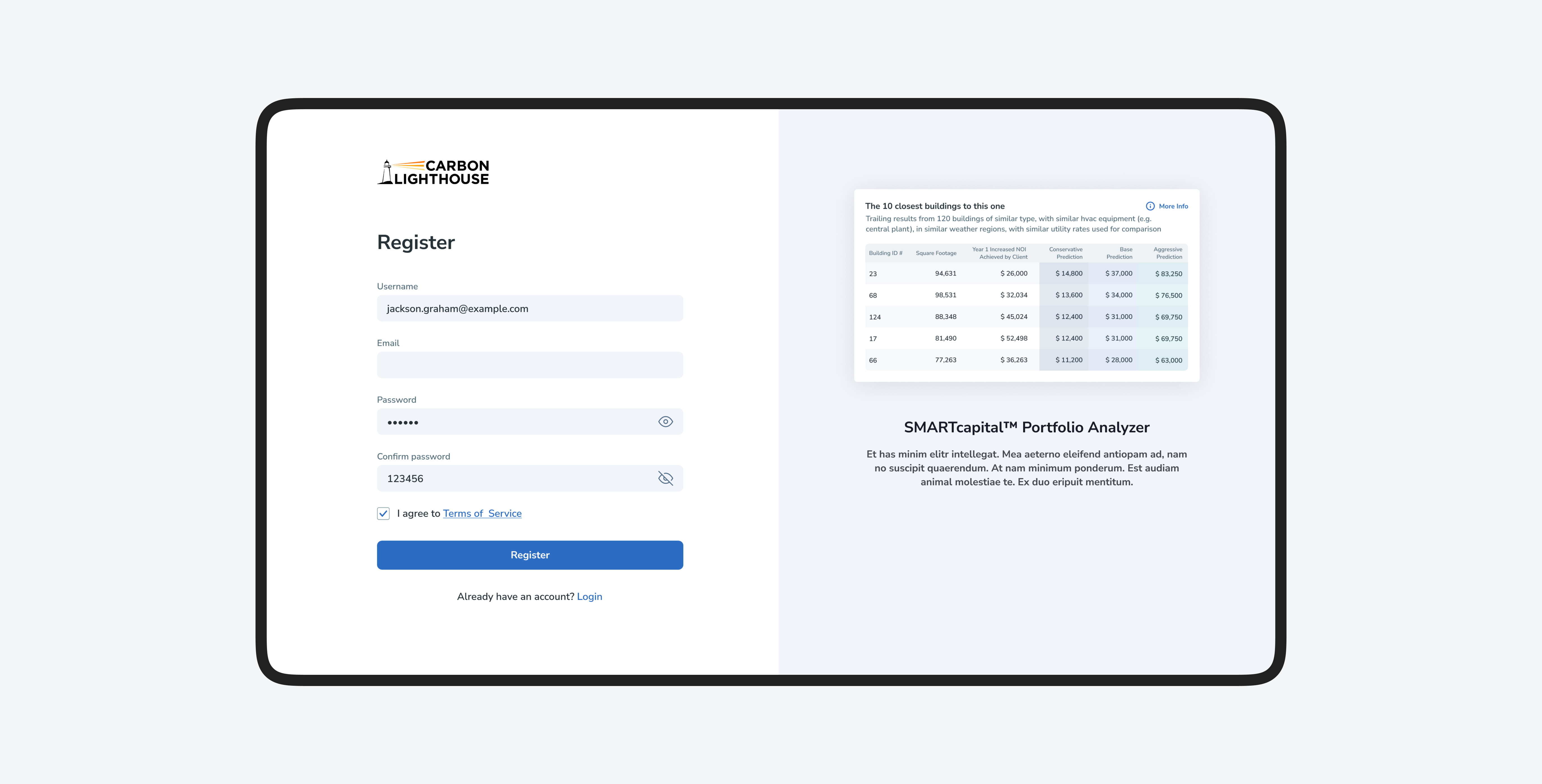 Register page with a form for user details on the left and a table of data insights on the right.