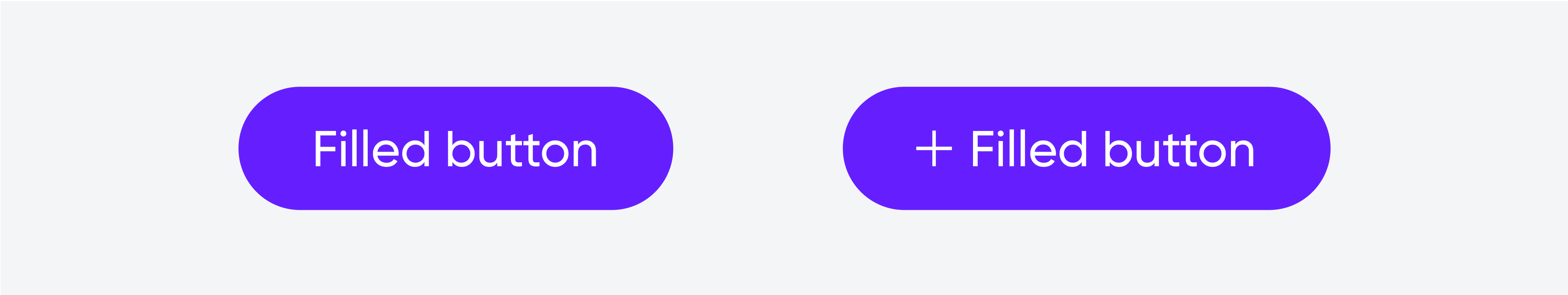 Filled button examples: purple round buttons labeled "Filled button" and "+ Filled button.