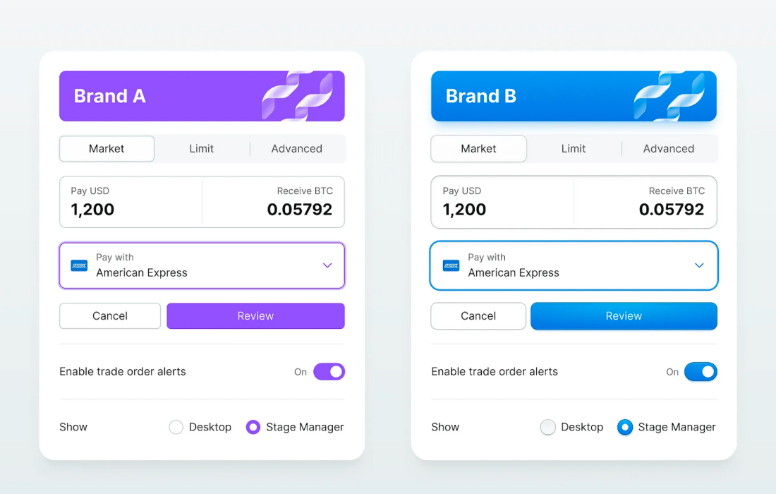 Two interfaces of te same design system but different brands.