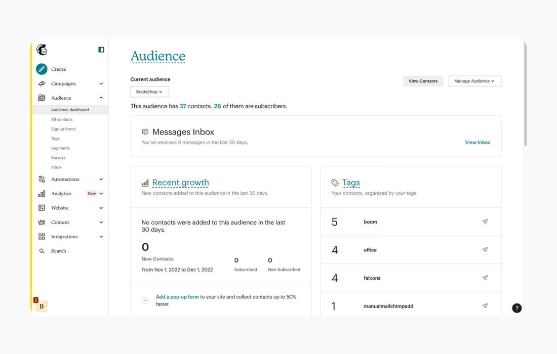 Mailchimp’s dashboard UI with a strong hierarchy of typography.