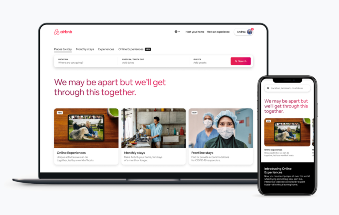 Screenshots of Airbnb's desktop and mobile interfaces.