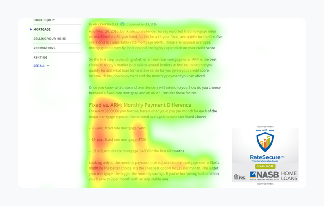 A heatmap that demonstrates an F-shaped reading pattern.