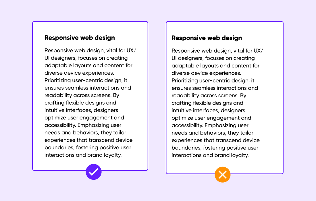 Good and bad examples of text alignment, spacing, and line length.