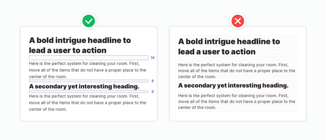 Good and bad examples of combining vertical rhythm with layout grids.