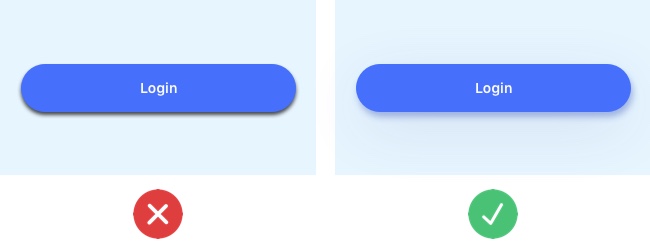 A button with an unnatural black shadow (bad example) and a button with a natural dark blue shadow (good example).