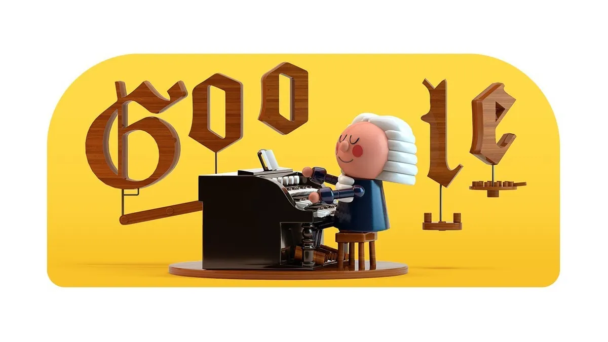 An illustration of Johann Sebastian Bach playing an organ, with the Google logo styled in a wooden, medieval typeface behind him.