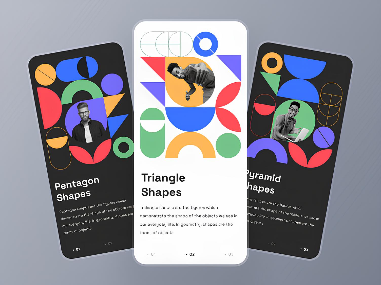 Three mobile screens showcasing different shapes: Pentagon, Triangle, and Pyramid, with colorful geometric patterns.