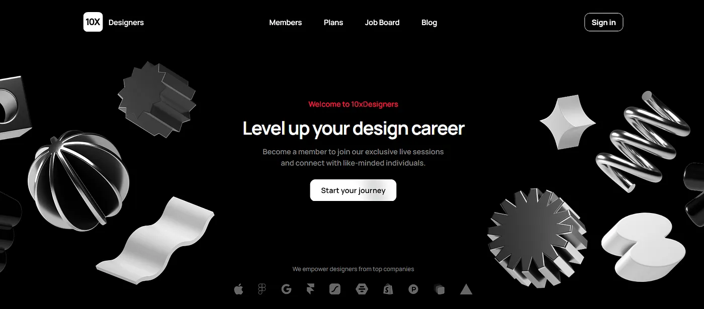 Black webpage with "Level up your design career" text, 3D abstract shapes, and a "Start your journey" button.