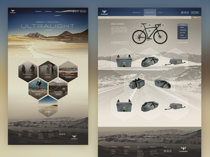 Apidura cycling gear posters featuring hexagonal design elements and product images.