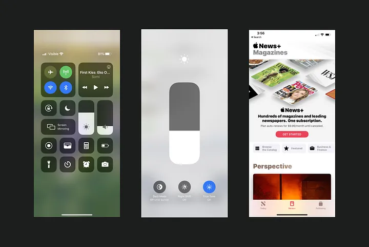 Three iPhone screens showing rounded UI elements: control center toggles, brightness adjustment slider, and Apple News+ magazine page.