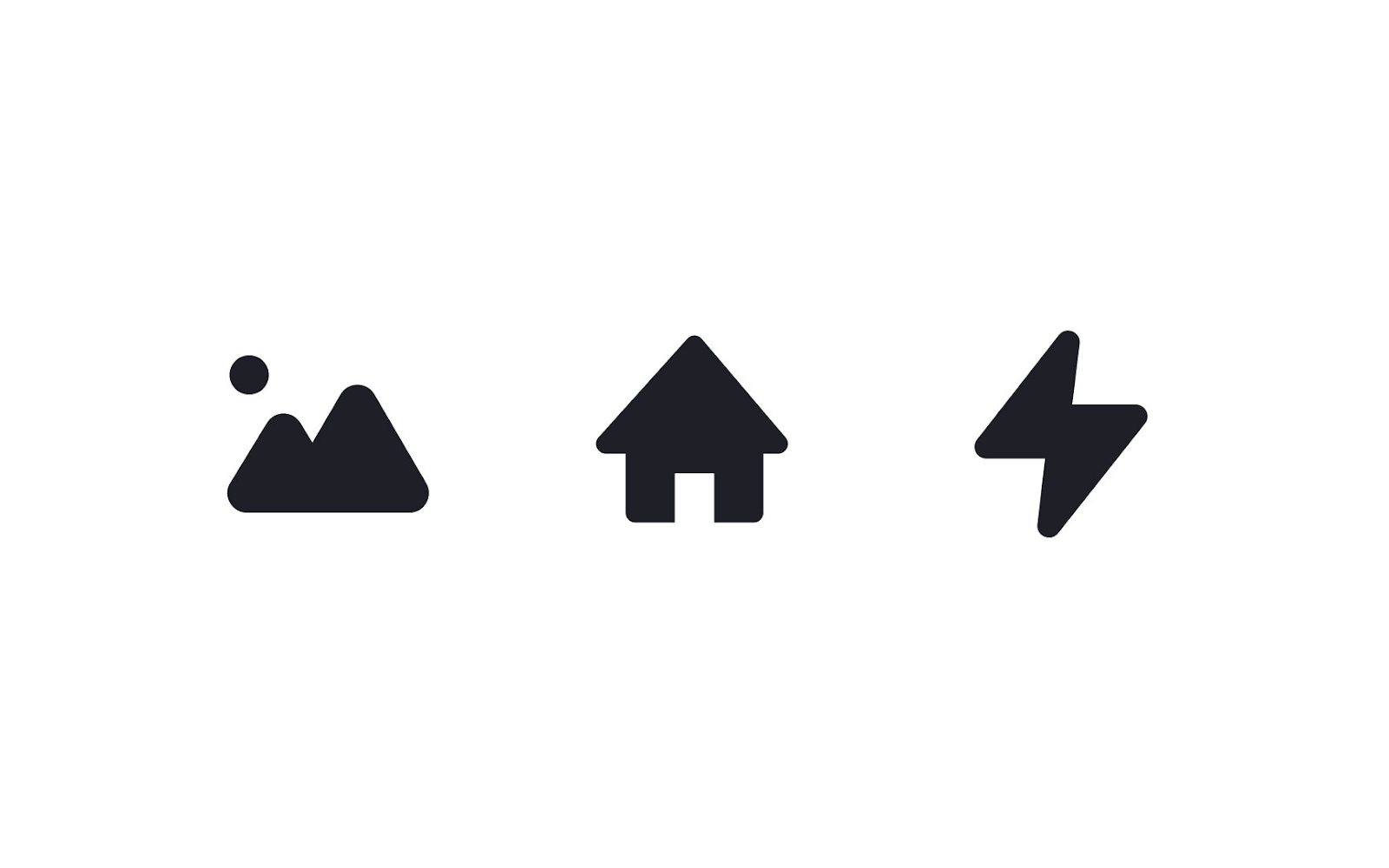 A row of three filled icons: a photo icon with mountains and a sun, a home icon, and a lightning bolt icon, all in a minimalist black style.