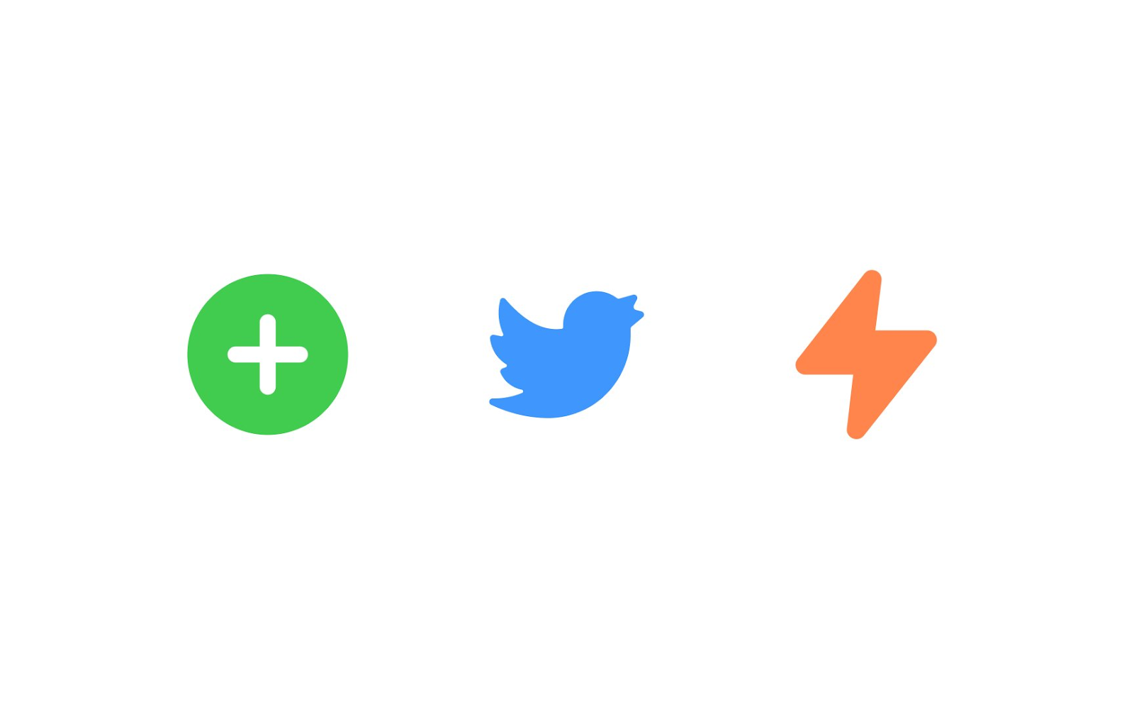 A row of three colored icons: a green circle with a white plus sign, a blue Twitter bird logo, and an orange lightning bolt, all in a minimalist style.