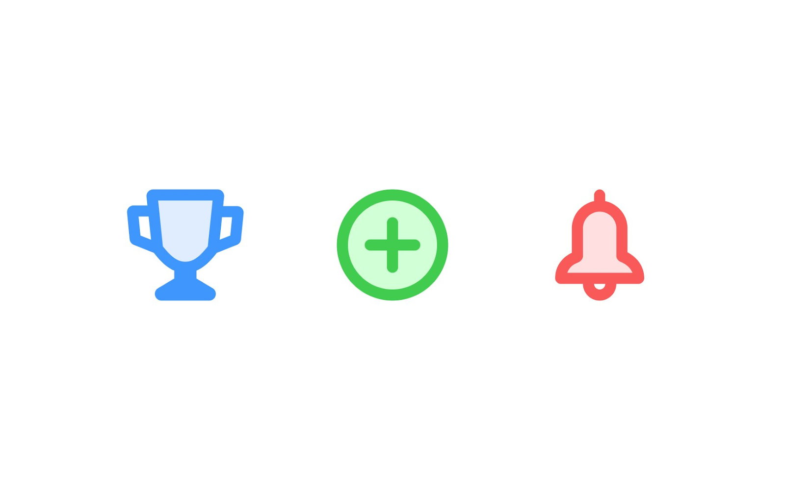 A row of three colored icons: a blue trophy, a green circle with a plus sign, and a red notification bell, all in a minimalist style.