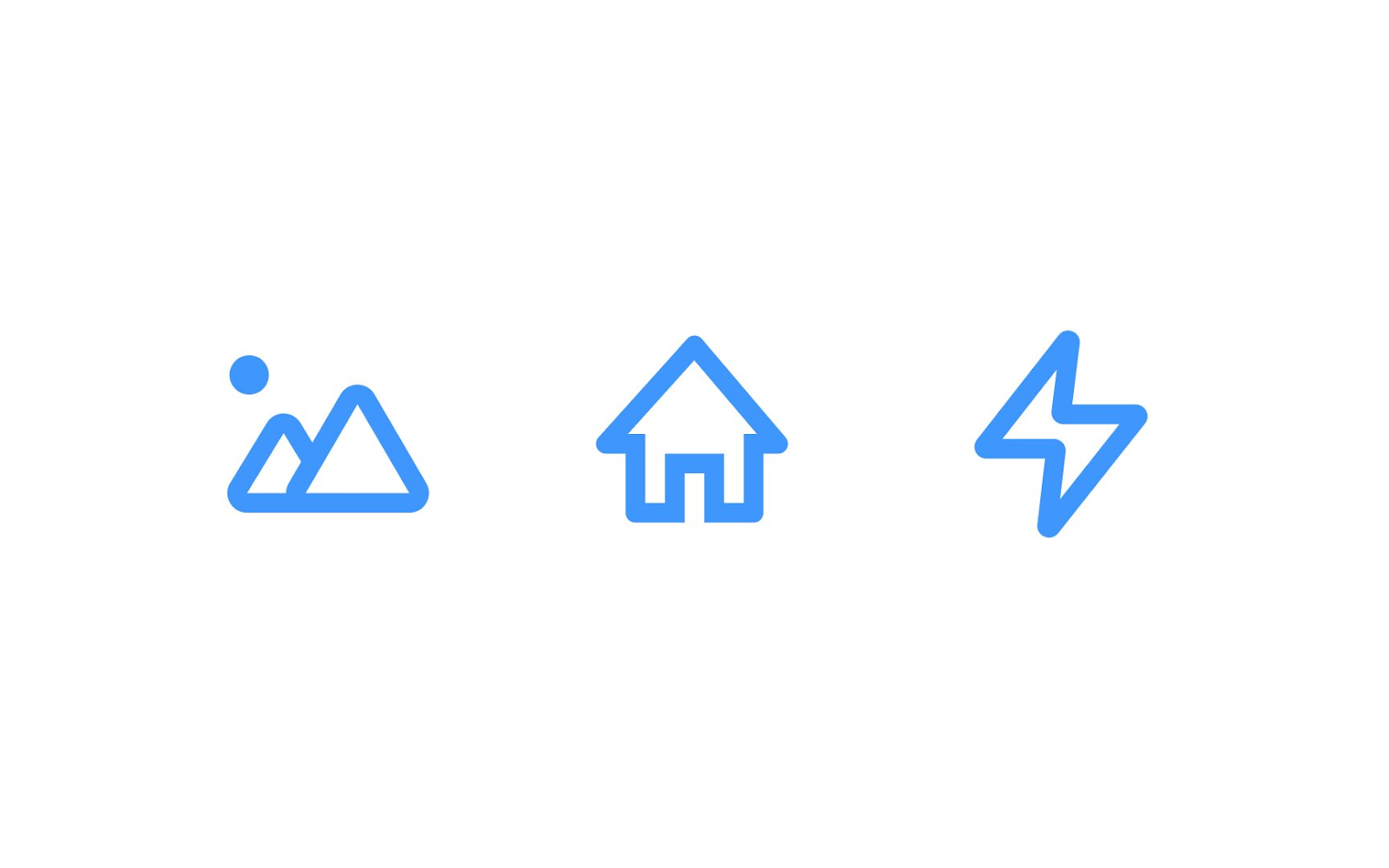 A row of three blue outlined icons: an icon with mountains and a sun, a home icon, and a lightning bolt icon, all in a minimalist style.