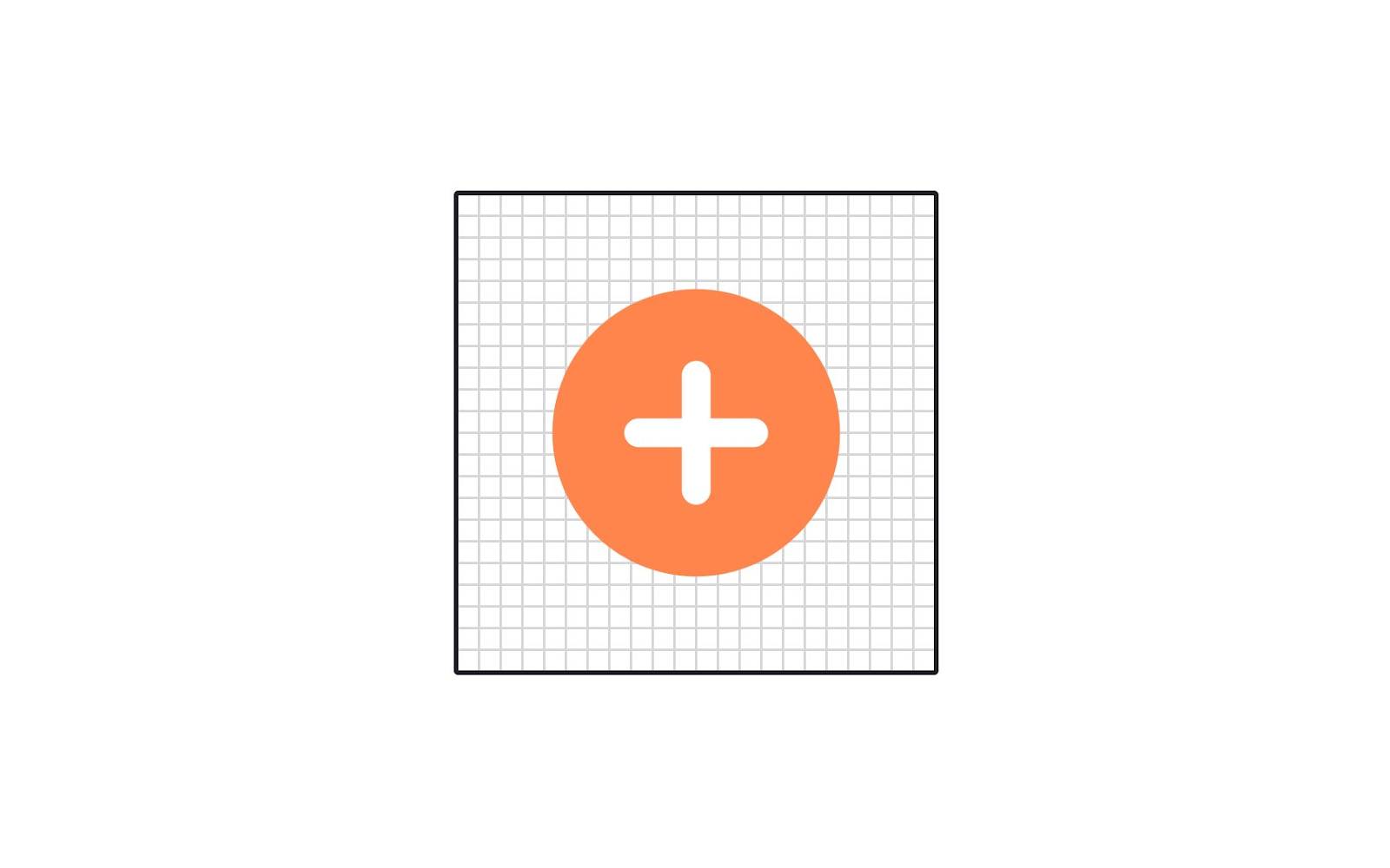 A square icon container with a grid, featuring a central orange circle with a white plus sign.