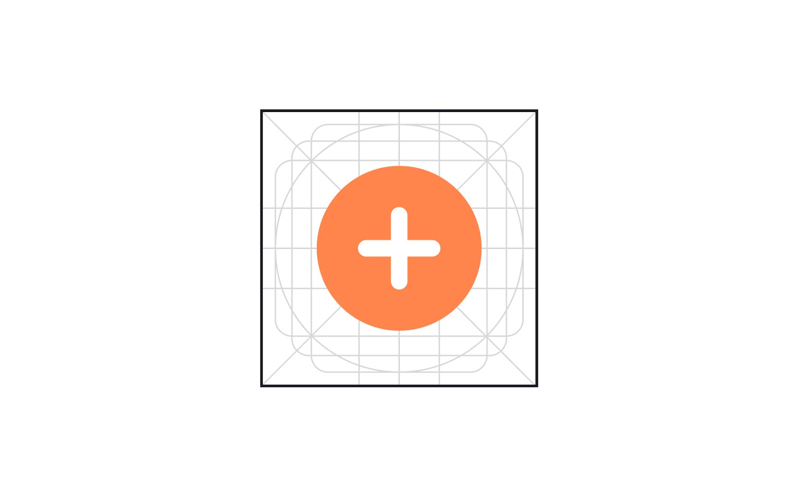 Square icon design featuring a central orange circle with a white plus sign, overlaid with a complex geometric grid.