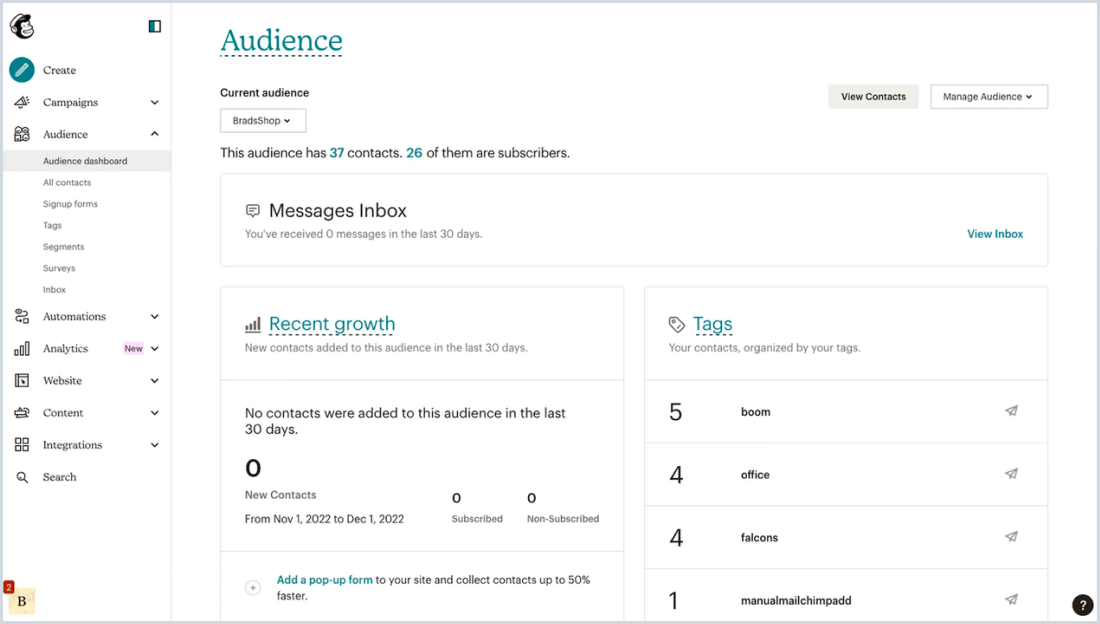 Mailchimp’s dashboard UI with a strong hierarchy of typography.