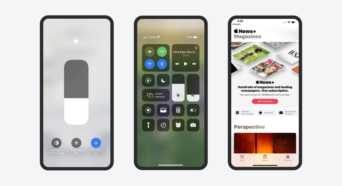 Three iPhone screens showing rounded UI elements: control center toggles, brightness adjustment slider, and Apple News+ magazine page.