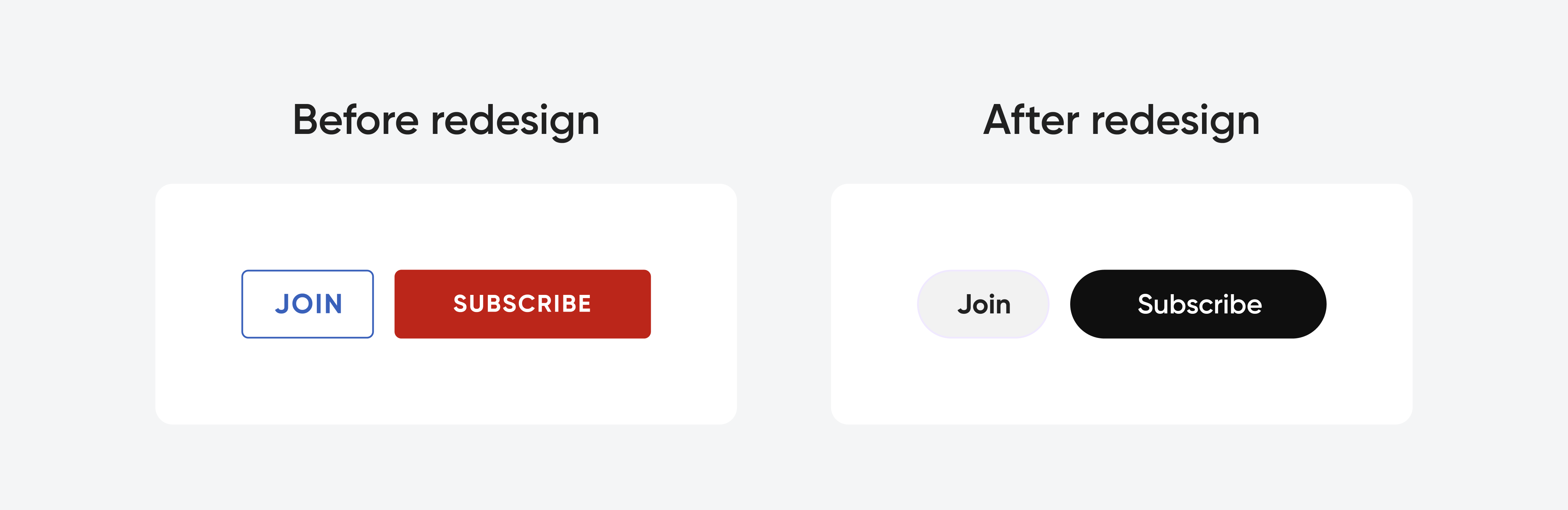 Comparison of YouTube button designs before and after a redesign, showing buttons with sharper edges before, and rounded edges after.