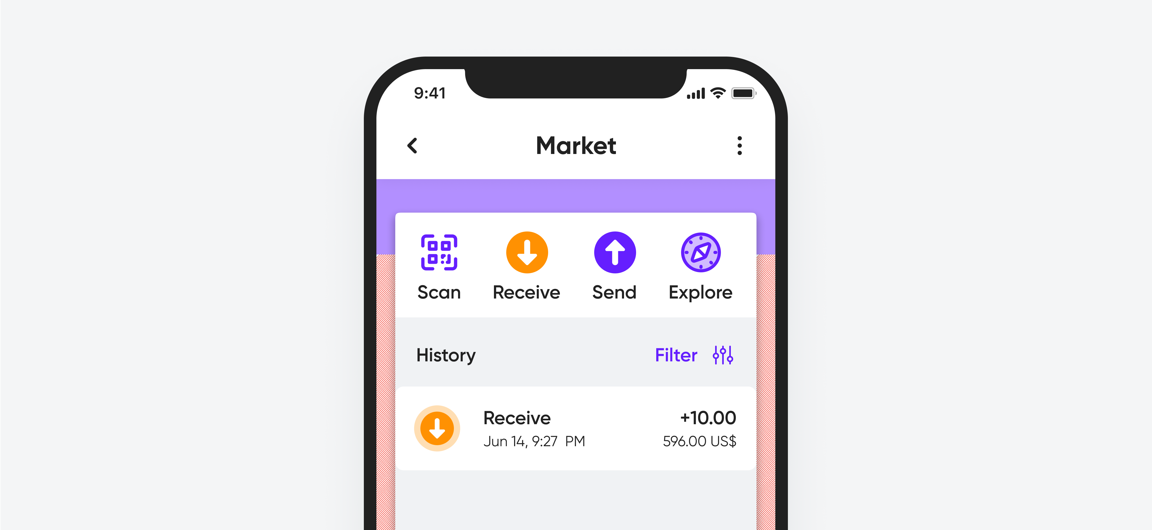 Mobile UI showing a transaction history screen labeled "Market" with options for scan, receive, send, and explore.